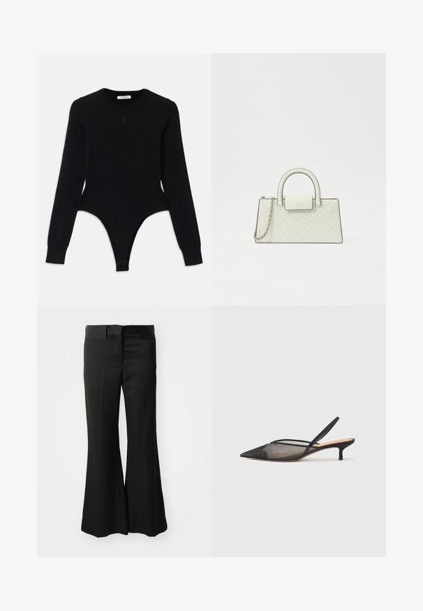 Black long-sleeve bodysuit with a round neckline, fitted design, and thong-style bottom. Made from soft, elastic fabric for comfort.; Black flared trousers made from a smooth material, featuring a mid-rise waistband and a clean, tailored design with no visible embellishments.; NEOUS IRENA - Classic heels - black; Quilted white handbag with a structured design, top handle, detachable chain strap, and a raised logo on the clasp.
