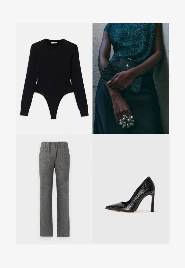 Bodysuit noir à manches longues avec un col rond, design ajusté et fond style thong. Fabriqué en tissu doux et élastique pour plus de confort.; Pantalons gris texturés avec une taille élastique et une coupe droite. Présente un motif subtil pour un intérêt visuel supplémentaire.; Escarpin noir à bout pointu avec texture en cuir de crocodile, présentant un design élégant, un haut talon aiguille et un intérieur noir lisse.; Sac à main en cuir noir à motif crocodile avec des finitions en métal argenté, posé sur un fond texturé gris. Présente une surface brillante.