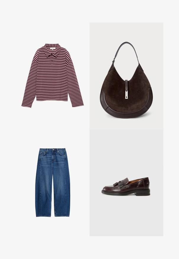 Long-sleeve maroon and white striped polo shirt with a collar and three buttons at the neck.; Wide-leg blue denim jeans with a mid-rise waist, five pockets, and a button closure. The fabric has a slight texture with fading details.; Brown leather loafers with a tassel accent, rounded toe, low block heel, and a textured sole. Smooth finish with subtle stitching details.; Brown suede hobo bag with a smooth leather bottom and shoulder strap. Features a silver logo accent and a top zipper closure.