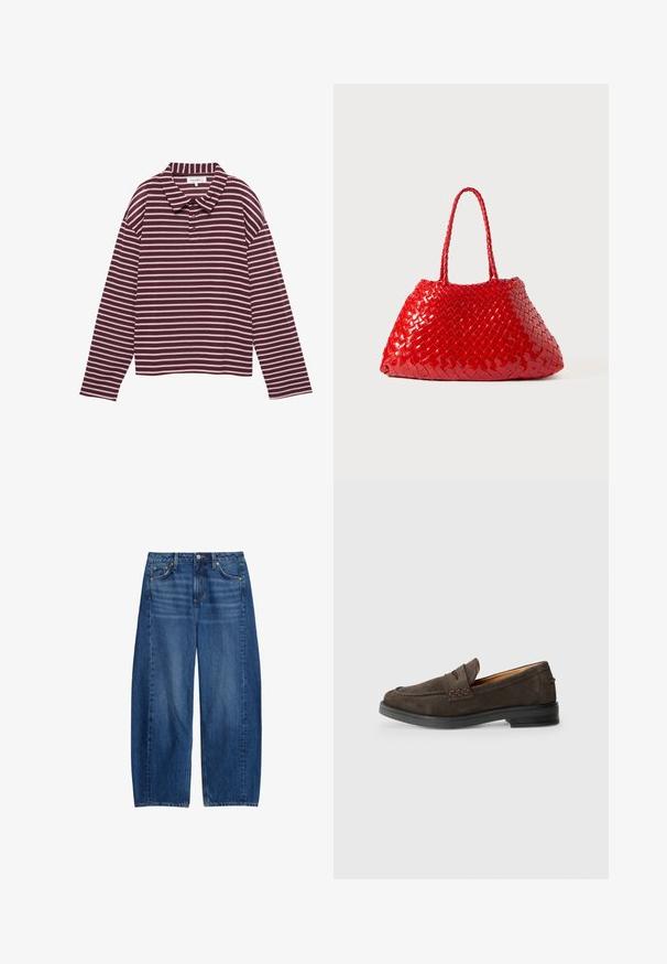 Langärmliges polohemd in maroon mit weißen Streifen, Kragen und drei Knöpfen am Hals.; Weite, blaue Denim-Jeans mit mittelhoher Taille, fünf Taschen und einem Knopfverschluss. Der Stoff hat eine leichte Textur mit Ausbleichungsdetails.; Braune Wildleder-Slipper mit runder Spitze, gestickten Details und einer niedrigen schwarzen Gummisohle. Rutschdesign mit einem dezenten dekorativen Element.; Rote gewebte Handtasche mit glänzender Oberfläche, ausgestattet mit geflochtenen Griffen. Auffällige dreieckige Form und strukturierte Oberfläche mit dichtem Muster.