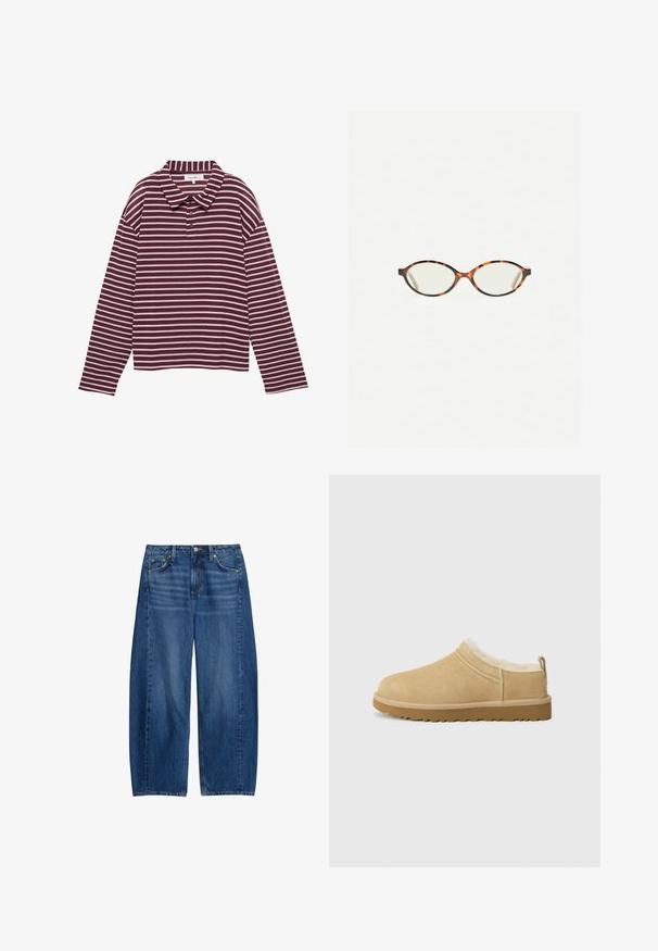 Czerwona w białe paski koszulka polo z długim rękawem, z kołnierzykiem i trzema guzikami przy szyi.; Szerokie niebieskie dżinsy z średnim stanem, pięcioma kieszeniami i zapięciem na guzik. Materiał ma lekko teksturowaną powierzchnię z delikatnymi przetarciami.; Zamszowe buty typu slip-on w jasnym odcieniu brązu, z miękką futrzaną wyściółką oraz teksturowaną gumową podeszwą z delikatnym obcasem i uchwytem z tyłu dla łatwego zakładania.; Okulary w kolorze tortoiseshell z owalnymi soczewkami i gładkim, eleganckim wykończeniem. Posiadają cienkie boki z delikatnym łukiem w okolicy skroni. Przezroczyste soczewki.