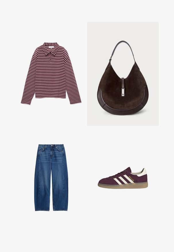 Dlouhý rukáv, vínově červený a bílý pruhovaný polo tričko s límcem a třemi knoflíky u krku.; Džínové kalhoty s širokými nohavicemi, modré, s středně vysokým pasem, pěti kapsami a zapínáním na knoflík. Látka má mírnou strukturu a detaily s vyblednutím.; Bordové semišové tenisky s bílými třemi pruhy a béžovými akcenty. Mají texturovanou gumovou podrážku a zlaté logo na boku.; Hnědá semišová hobo taška s hladkým koženým dnem a popruhem přes rameno. Obsahuje stříbrný logo akcent a horní zipové uzavření.