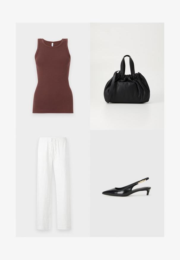 Brun, ribbet tank topp med rund hals og uten ermer. Laget av myk stoff, tettsittende form uten dekorasjoner eller mønstre.; Hvite linbukser med en avslappet passform, elastisk snøring i midjen og rette ben; glatt tekstur og lett materiale.; Sorte lærreim hæler med spiss tå, som har en slank hæl og en gullfarget detalj på den justerbare stroppen. Glatt tekstur.; Svart lærveske med en samlet toppdesign, som har to korte håndtak og en lang justerbar stropp. Glatt tekstur, rund form.