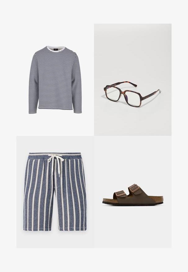 Garā piedurkņu krekls ar tumši zilu un baltu horizontālu svītrojumu, apaļu kakla izgriezumu, kokvilnas materiālu un brīvu piegriezumu.; Zili zilas teksturētas šortus ar baltām vertikālām svītrām, elastīgu jostu un auklas detaļu. Ikdienišķs dizains, kas piemērots siltam laikam.; Brūni divu siksnu zābaki ar vara toni sprādzēm, korķa zole un gumijas ārējā zole. Elegants dizains ar regulējāmām siksnām, lai nodrošinātu pielāgojamību.; Čūskābeles saulesbrilles ar kvadrātveida rāmjiem, caurspīdīgām lēcām un plāniem kātiem, kuros ir smalka logo detaļa. Matēta un spīdīga apdare.; Sudraba kulons ar viļņu dizainu, kas savijas ar lauva seju, karājas no masīvas ķēdes. Strukturēta virsma piešķir detalizāciju.