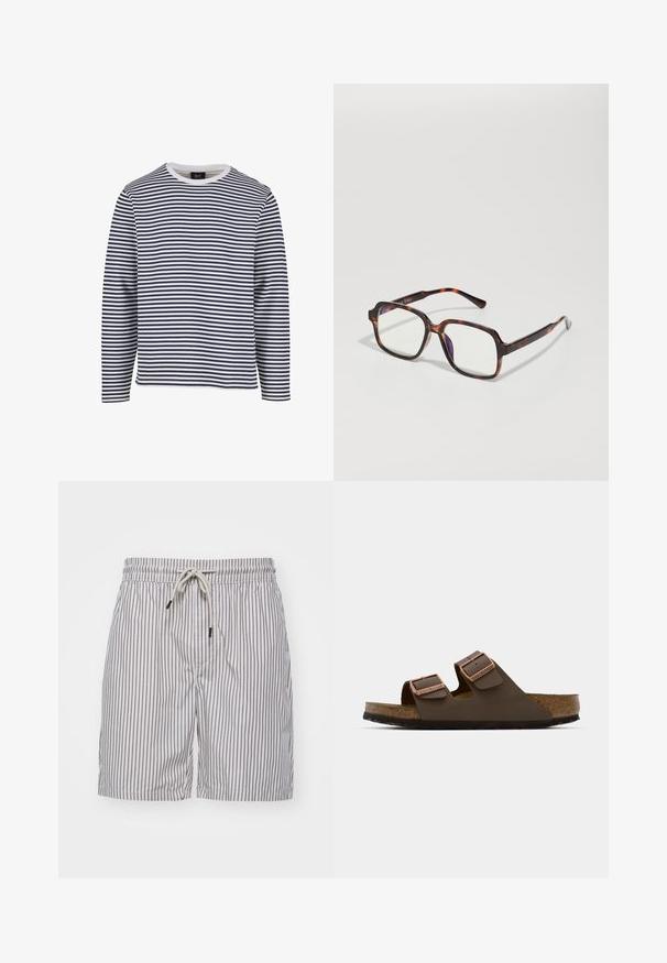 Maglietta a maniche lunghe con righe orizzontali blu navy e bianche, colletto tondo, in cotone e dalla vestibilità comoda.; Costumi da bagno a righe in tessuto leggero; presentano righe verticali blu, una cintura elastica con lacci e tasche laterali.; Sandalo marrone a due cinturini con fibbie in tono rame, plantare in sughero e suola in gomma. Design elegante con cinturini regolabili per una vestibilità ottimale.; Occhiali da sole tartarugati con montatura quadrata, lenti trasparenti e tempie sottili con un delicato dettaglio del logo. Finitura opaca e lucida.; Pendente d'argento con un design a onda intrecciato con il volto di un leone, appeso a una catena spessa. La superficie texturizzata aggiunge dettagli.