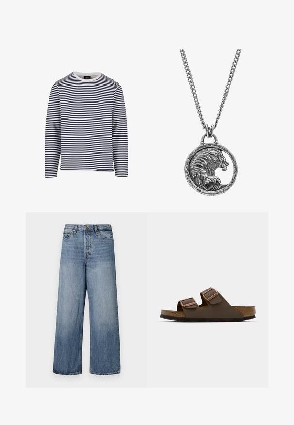 Chemise à manches longues avec des rayures horizontales bleu marine et blanches, col rond, en matériau coton, et coupe décontractée.; Jean en denim bleu à jambes larges avec un lavage délavé, design à cinq poches et fermeture à bouton. Équipé de passants de ceinture et de détails cousus.; Sandale marron à deux brides avec boucles couleur cuivre, semelle en liège et semelle extérieure en caoutchouc. Design élégant avec brides ajustables pour un bon maintien.; Collier en argent avec un pendentif circulaire présentant un motif de vague et de lion, une texture détaillée, et une chaîne composée de maillons alternant entre lisses et texturés.