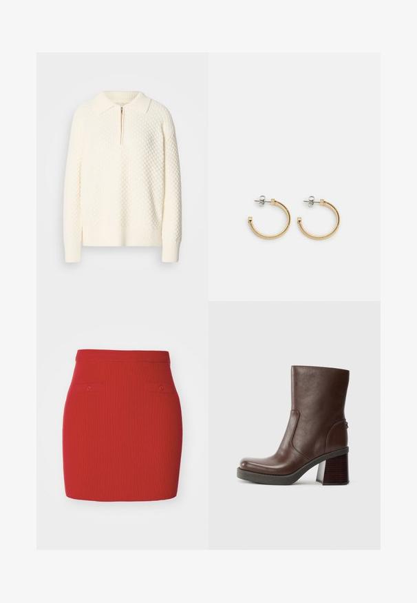 Pull en tricot blanc avec un motif texturé, demi-zip et col et poignets côtelés. Le matériau semble doux et confortable.; Jupe en tricot côtelé rouge au design ajusté, dotée de deux petites poches boutonnées à l'avant et d'une taille lisse.; Bottine en cuir marron avec un bout arrondi, texture lisse et un talon chunky en bois. Détail de couture sur le côté et éclat subtil.; Boucles d'oreilles en or avec un design en corde torsadée, tiges en argent et accents carrés. Fini métallique lisse avec un look poli.