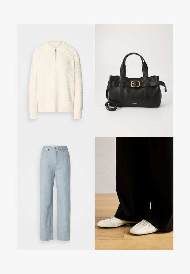 Biely pletený pulóver s textúrovaným vzorom, polovičným zipsom a rebrovaným golierom a manžetami. Materiál vyzerá mäkko a útulne.; Svetlomodré džínsy rovného strihu vyrobené z denimu. Majú päť vreciek, kovové zapínanie na gombík a jemné žmolkovanie pre textúru.; béžové kožené topánky s elegantným, zaobleným špičkou a dekoratívnymi šnúrkami, spárované s voľnými čiernymi nohavicami, na drevenej podlahe.; Čierna kožená kabelka s štruktúrovaným dizajnom, dvojitými hornými uchopiteľmi, zlatým prackovým akcentom a embosovaným logom značky na prednej strane.