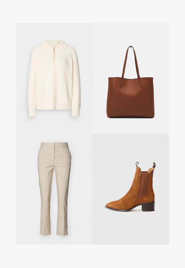 Bela pletena pulover s teksturiranim vzorcem, pol zadrgo ter rebrastim ovratnikom in manšetami. Material se zdi mehak in udoben.; GANT SLIM SLACK - Hlače chino - soft oat; Rjavi nubuk srednji čevelj z usnjeno konico, elastičnimi stranskimi paneli in nizko blokasto peto. Ima zanko za lažje obuvanje.; Rjava usnjena torba z gladko teksturo, odprto zasnovo zgoraj in dvema naramnima trakovoma. Opremljena je z minimalnim šivanjem in brez vidnih kovinskih delov.