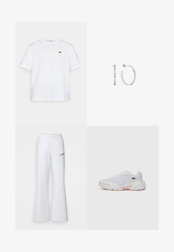 Weißes Baumwoll-T-Shirt mit rundem Halsausschnitt und kurzen Ärmeln. Mit grün gesticktem Logo auf der Brust. Weiche Textur, lässige Passform.; Weiße Jogginghose mit weit geschnittenem Design, elastischem Bund, seitlichen Reißverschlusstaschen und einem kleinen Logo-Graphic auf der Vorderseite. Glattes Baumwollmaterial.; Weiße Sportschuhe mit einem strukturierten Mesh-Obermaterial, dezenten rosa Akzenten an der Sohle und einem grünen Krokodil-Logo an der Seite.; Silberne Creolen mit einer glatten, polierten Oberfläche. Sie besitzen ein schlichtes, rundes Design und eine sichere Stecker-Back-Verschluss.