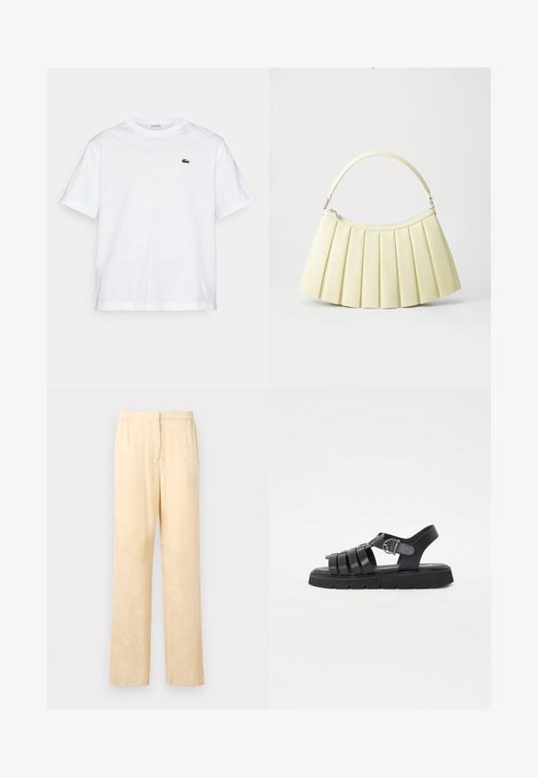 Witte katoenen T-shirt met een ronde hals en korte mouwen. Bevat een groen geborduurd logo op de borst. Zachte textuur, losse pasvorm.; Lichtgele, loszittende broek met een subtiel bladerenpatroon. Voorzien van een elastische tailleband en een recht model. Glad textuur.; Zwarte leren sandalen met een gestructureerd ontwerp, voorzien van een gespenluiting, een platte zool en een getextureerde zwarte rubberen buitenzool.; Crème-kleurige geplooide handtas met een enkele gebogen handgreep en zilveren ritsdetail op een plain witte achtergrond.