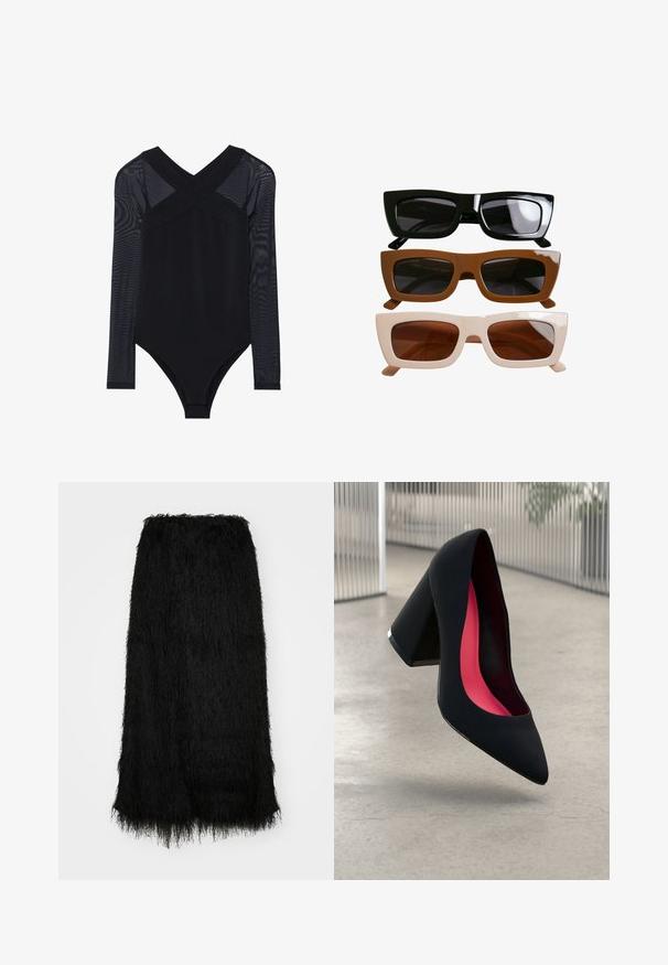 Black bodysuit featuring long mesh sleeves, a deep V-neck, and a fitted design, highlighting smooth fabric and understated construction.; Black maxi skirt made of textured, long-haired fabric, featuring a straight cut and a raw edge at the hem.; Black high heel shoe with a pointed toe, textured surface, and a vibrant pink interior. Features a chunky heel with silver accent.; Three pairs of rectangular sunglasses. Top: glossy black frames with dark lenses. Middle: matte brown frames. Bottom: cream frames with brown lenses.