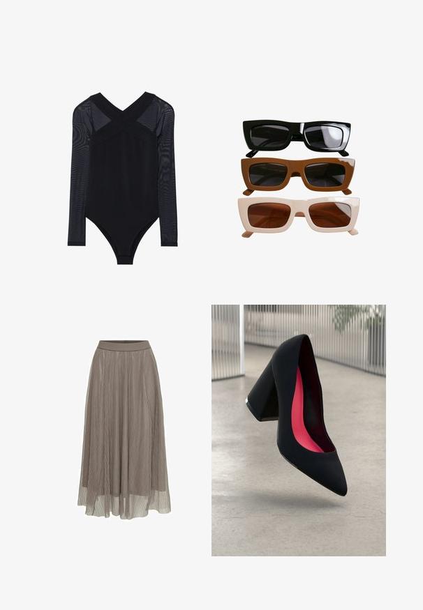 Monecuerpo negro con mangas largas de malla, un escote en V profundo y un diseño ajustado, destacando un tejido suave y una construcción discreta.; Falda larga plisada en topo, con una cinturilla suave y una silueta fluida. Fabricada con material ligero y transparente de fina textura.; Zapato de tacón alto negro con puntera afilada, superficie texturizada y un interior de un rosa vibrante. Presenta un tacón grueso con un acento plateado.; Tres pares de gafas de sol rectangulares. Superior: montura negra brillante con lentes oscuros. Medio: montura marrón mate. Inferior: montura de color crema con lentes marrones.