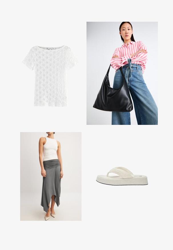 White short-sleeve top made from lace, featuring a round neckline and patterned texture with an open weave design.; Sleeveless white tank top paired with a flowy, grey skirt featuring a ruched waistband and asymmetrical hemline. The model wears beige heeled shoes.; Beige flip-flop with a textured fabric upper, two straps, and a flat, cushioned sole featuring a black outsole. Simple, minimalist design.; Black leather shoulder bag with a slouchy shape and seam details. Model wears a pink and white striped shirt with wide-leg blue jeans.