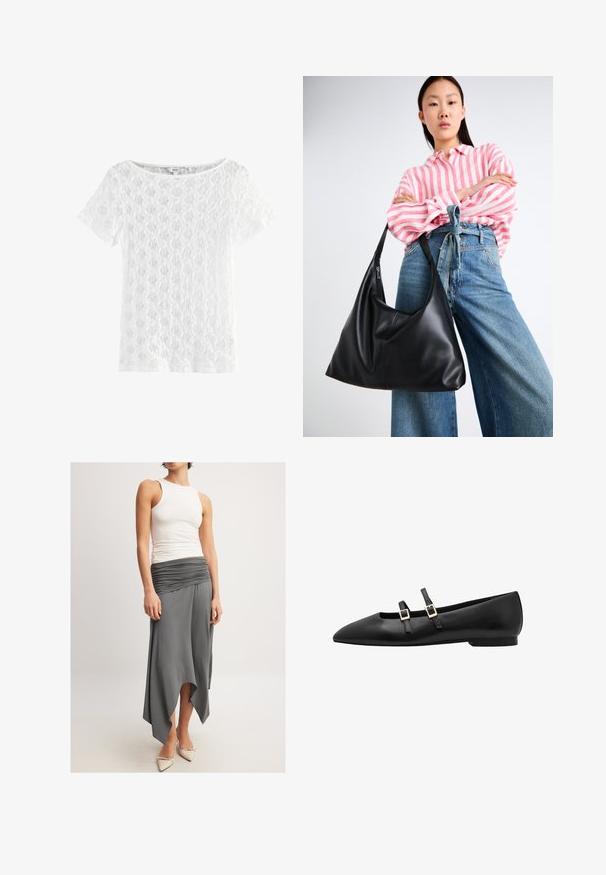 Valkoinen lyhythihainen paita, joka on valmistettu pitsistä. Paita on pyöreäkauluksinen ja siinä on kuvioitu pinta, jossa on avoin kudontamalli.; Hihaton valkoinen toppi, joka on yhdistetty ilmavaan harmaaseen hameeseen, jossa on rypytetty vyötärö ja epäsymmetrinen helma. Mallilla on päällään beige korkokenkä.; Mustat nahkaiset tasapohjaiset kengät kärjellä, joissa on kaksi mustaa hihnaa ja kultaiset neliön muotoiset soljet. Liu'uttu pinta ja matala profiilikanta.; Mustassa nahka olkalaukussa on rento muoto ja sauman yksityiskohtia. Malli on pukeutunut vaaleanpunaisiin ja valkoisiin raidallisiin paitoihin sekä leveälahkeisiin sinisiin farkkuihin.