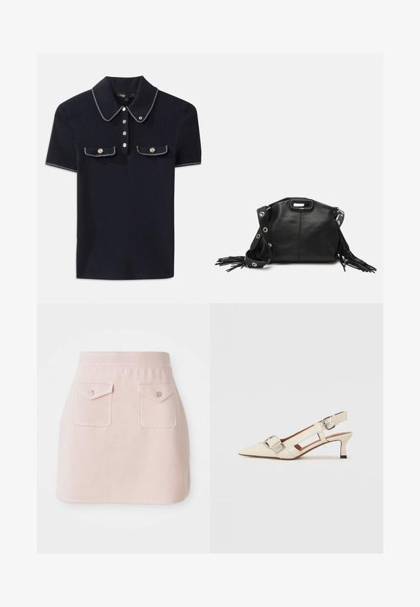 Polo shirt côtelé bleu marine avec un col pointu, des manches courtes et deux poches avant avec des boutons-pression ; souligné par des accents de couture blanche.; Jupe rose en tissu avec une texture lisse. Elle possède deux poches avant avec des fermetures à rabat et une couture décorative le long de l'ourlet.; Escarpin en cuir blanc à bout pointu, petit talon et bride réglable avec un détail de boucle en argent bien en vue.; Maje MISS MINI - Sac bandoulière - noir; Boucles d'oreilles en ton or avec plusieurs chaînes en cascade, présentant des accents en strass ovales transparents et des dessus à clous décoratifs.