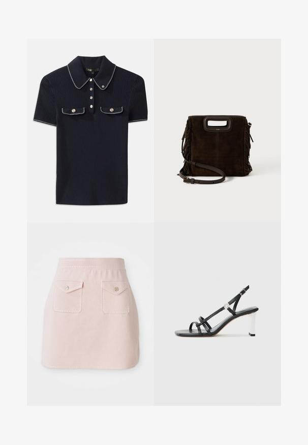 Navy ribbed polo shirt featuring a pointed collar, short sleeves, and two front pockets with snap buttons; highlighted with white stitching accents.; Pink skirt made of fabric with a smooth texture. Features two front pockets with flap closures and decorative stitching along the hem.; Black heeled sandals with multiple narrow straps, a slingback design, and a silver accent on the heel. Smooth upper material and square heel.; Dark brown suede handbag with fringe sides, rectangular cut-out handle, and adjustable leather shoulder strap against white background.