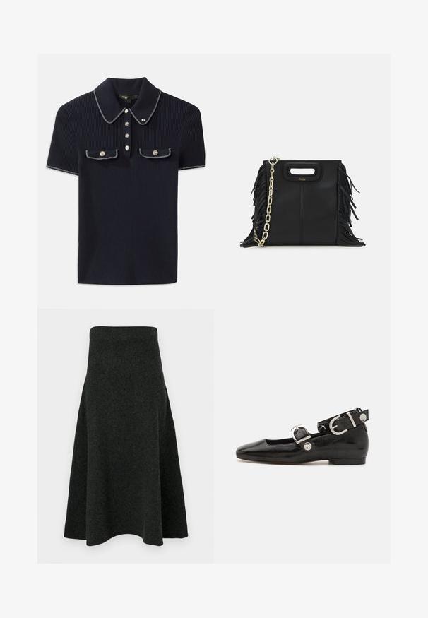 Mørkeblå ribbet polo-shirt med spidse krave, korte ærmer og to forlommer med trykknapper; fremhævet med hvide søm detaljer.; En mørkegrøn filt nederdel med en flagrende silhuet, høj talje og glat tekstur. Linningen er blødt buet for et flydende udseende.; Sorte patenteret lædersko med firkantet tå, ankelrem med sølvhardware og flad sål. Glat tekstur med minimalistisk design.; Sort læder skuldertaske med frynse-detaljer, guldkæde skulderrem og udskåret håndtag. Har logo placeret på forsiden.