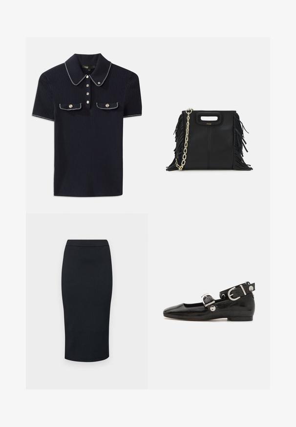 Marineblå ribbestrikket polo skjorte med spiss krage, korte ermer og to frontlommer med trykknapper; fremhevet med hvite søm detaljer.; Armani Exchange GONNA - Blyantskjørt - black; Sorte lakkderflat sko med firkantet tå, ankelstropp med sølvfarge detaljer, og flat såle. Glatt tekstur med minimalistisk design.; Svart læderhåndtaske med frynsedetaljer, guldkæde skulderrem og udskåret håndtag. Har logo placeret på forsiden.