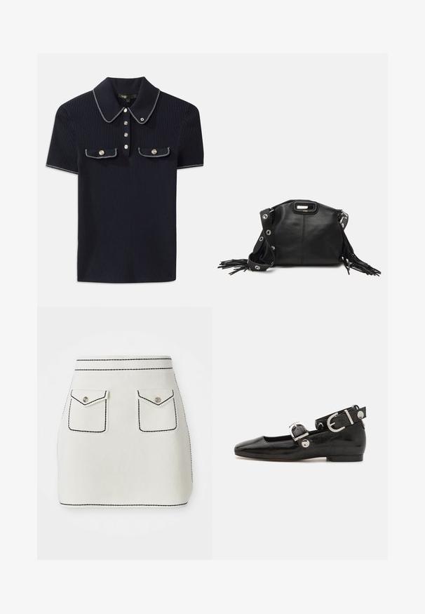 Navy ribbed polo shirt featuring a pointed collar, short sleeves, and two front pockets with snap buttons; highlighted with white stitching accents.; White fabric mini skirt with black stitching, featuring two front pockets with flaps and silver button accents. Smooth texture with structured shape.; Black patent leather flat shoe with a squared toe, ankle strap featuring silver hardware, and flat sole. Smooth texture with minimalist design.; Maje MISS MINI - Cross body bag - noir