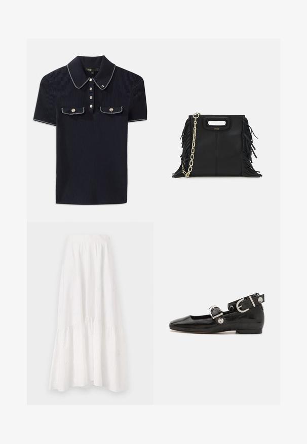 Mørkeblå ribbet polo-shirt med spidse krave, korte ærmer og to forlommer med trykknapper; fremhævet med hvide søm detaljer.; Hvid midi-nederdel lavet af let stof, med et tiered design, subtil blomsterbroderi og en rynket talje.; Sorte patenteret lædersko med firkantet tå, ankelrem med sølvhardware og flad sål. Glat tekstur med minimalistisk design.; Sort læder skuldertaske med frynse-detaljer, guldkæde skulderrem og udskåret håndtag. Har logo placeret på forsiden.