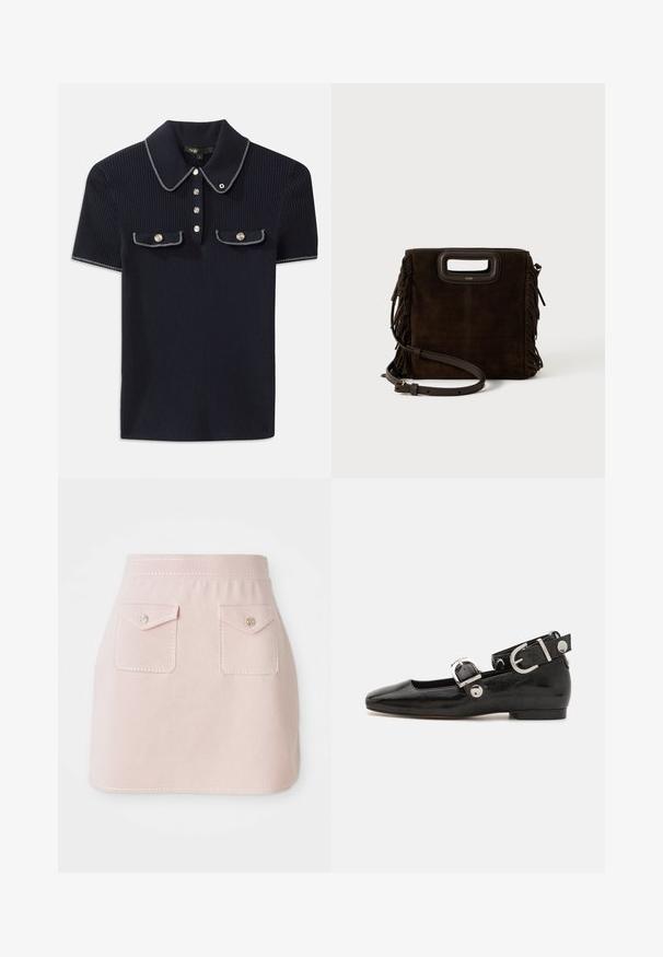 Polo shirt bleumarin cu țesătură rașchetată, având guler ascuțit, mâneci scurte și două buzunare frontale cu butoane tip snap; evidențiat prin accente de cusătură albă.; Fustă roz confecționată dintr-un material cu o textură netedă. Dispune de două buzunare frontale cu închidere tip clapă și cusături decorative pe tiv.; Pantofii plano din piele patent neagră, cu vârful pătrat, curea de gleznă cu accesorii din argint și talpă plată. Textură netedă cu un design minimalist.; Geantă de mână din suede maro închis, cu franjuri laterale, mânere tăiate rectangular și curea de umăr din piele ajustabilă, pe un fundal alb.