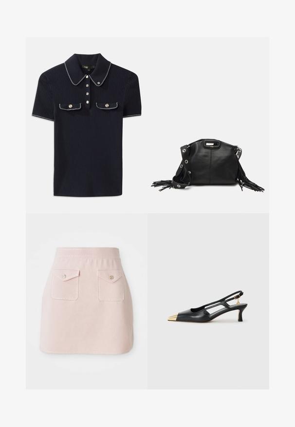 Marineblauwe geribbelde polo met een puntige kraag, korte mouwen en twee voorzakken met drukknoopsluiting; afgewerkt met witte stiksels accentueert.; Roze rok gemaakt van stof met een gladde textuur. Beschikt over twee voorzakken met klepjes en decoratieve stiksels langs de zoom.; Zwarte leren slingback schoen met een puntige neus en een gouden metallic punt. Heeft een uitgesneden ontwerp en een slanke hak met een verstelbare band.; Maje MISS MINI - Schoudertas - noir