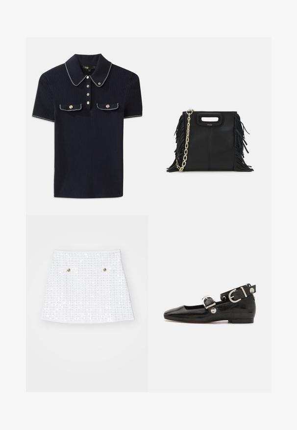 Marineblå ribbestrikket polo skjorte med spiss krage, korte ermer og to frontlommer med trykknapper; fremhevet med hvite søm detaljer.; Maje Miniskjørt - blanc cassé; Sorte lakkderflat sko med firkantet tå, ankelstropp med sølvfarge detaljer, og flat såle. Glatt tekstur med minimalistisk design.; Svart læderhåndtaske med frynsedetaljer, guldkæde skulderrem og udskåret håndtag. Har logo placeret på forsiden.