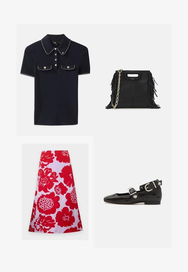 Sötétkék bordázott póló, hegyes gallérral, rövid ujjakkal és két elülső zsebbel, amelyek patentgombokkal záródnak; fehér varrási díszítésekkel kiemelve.; Piros virágmintás szoknya fehér háttérrel; térd alatti, bővülő kialakítással és sima textúrával. Nincsenek látható zárók vagy díszítések.; Fekete lakkbőr lapos cipő négyzet alakú orral, ezüst hardware-rel ellátott bokapánttal és lapos talppal. Simaságával és minimalista dizájnjával kiemelkedő.; Fekete bőr kézitáska, frufrus részletekkel, arany láncos vállpánttal és kivágott fogantyúval. Az elülső részen logó található.
