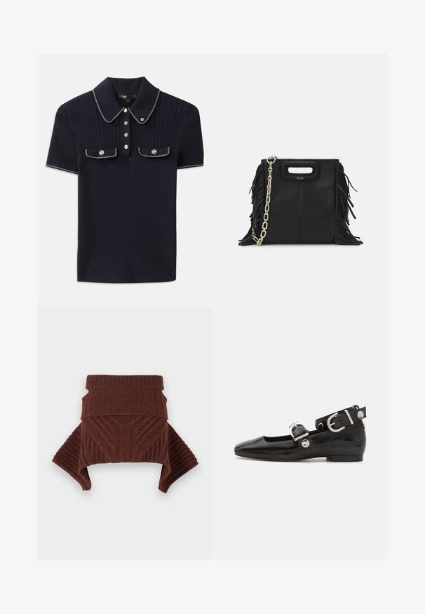 Mornarska polo majica z ribanim vzorcem, ki ima ostro ovratnik, kratke rokave in dve sprednji žepni z gumbom na pritisk; poudarjena z belimi šivnimi detajli.; Rjav pleteni pulover z rebrasto teksturo, strukturiranimi rameni in visokim ovratnikom. Oblikovanje vključuje geometrijske vzorce in spuščene rokave.; Črne lakaste balerinke s kvadratnim prstom, trakovi okrog gležnja z zlatimi dodatki in ravnim podplatom. Gladka tekstura z minimalističnim dizajnom.; Črna usnjena ročna torba z detajli fringa, zlatim verigo za rame in izrezanim ročajem. Na sprednji strani je nameščen logotip.