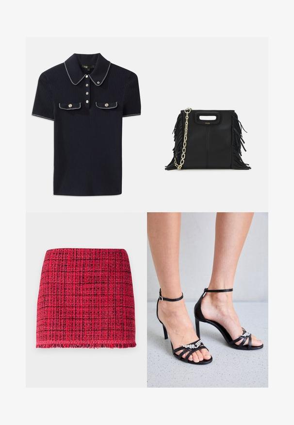 Navyblaues gestreiftes Poloshirt mit spitzem Kragen, kurzen Ärmeln und zwei vorderen Taschen mit Druckknöpfen; hervorgehoben durch weiße Steppnähte.; Patrizia Pepe SKIRT - Minirock - coral; Zadig & Voltaire AMEE WING EMBOSSED IGUANA - High Heel Sandalette - noir; Schwarze Lederhandtasche mit Fransen-Details, goldener Ketten-Schulterriemen und einem ausgeschnittenen Griff. Mit Logoplatzierung auf der Vorderseite.