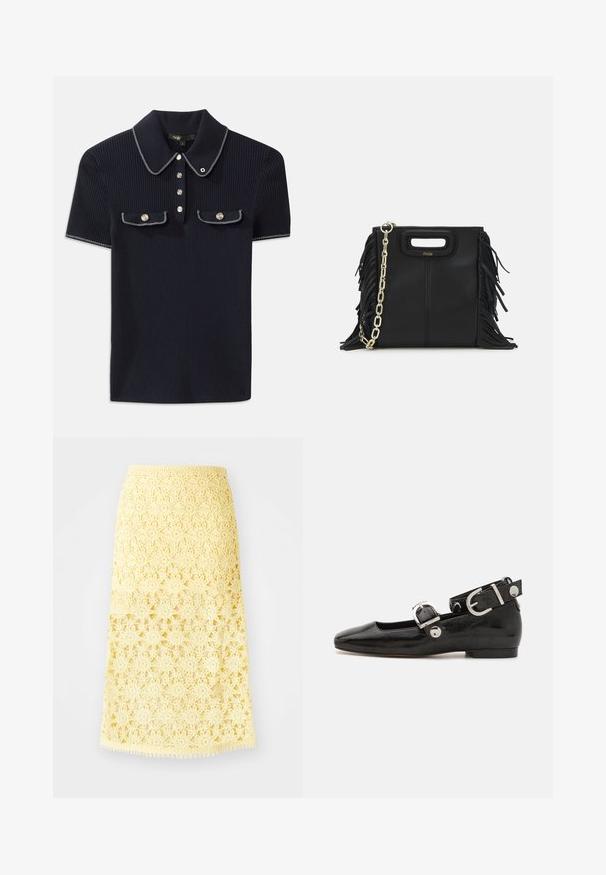 Polo shirt côtelé bleu marine avec un col pointu, des manches courtes et deux poches avant avec des boutons-pression ; souligné par des accents de couture blanche.; Jupe midi au crochet jaune avec des motifs floraux en étoiles, présentant un ourlet festonné et une finition texturée. Taille élastique pour un bon ajustement.; Ballerine en cuir verni noir avec un bout carré, sangle de cheville avec des détails en métal argenté et semelle plate. Texture lisse avec un design minimaliste.; Sac à main en cuir noir avec des détails en franges, chaîne dorée pour l'épaule et une poignée découpée. Présente le logo sur le devant.