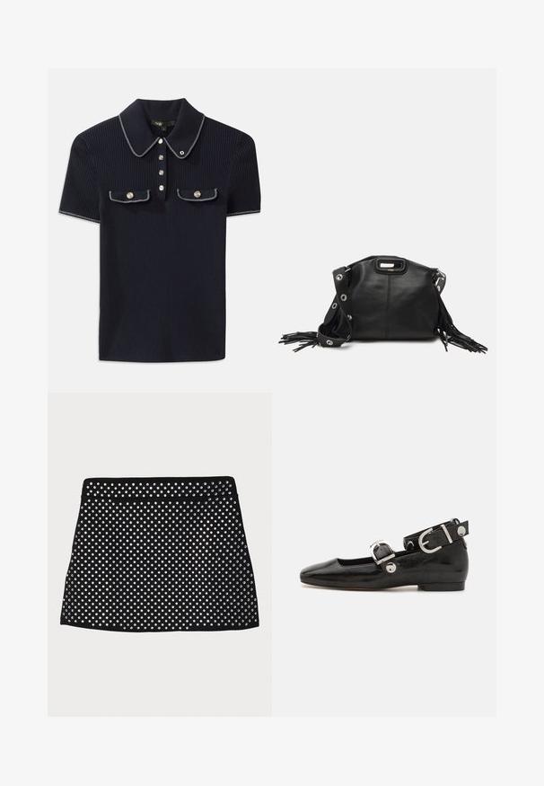 Marineblå ribbestrikket polo skjorte med spiss krage, korte ermer og to frontlommer med trykknapper; fremhevet med hvite søm detaljer.; Svart miniskjørt med et perforert design prydet med sølvnitter, som har en glatt midje og en rett kant.; Sorte lakkderflat sko med firkantet tå, ankelstropp med sølvfarge detaljer, og flat såle. Glatt tekstur med minimalistisk design.; Maje MISS MINI - Skulderveske - noir; Gullfargede øreringer med flere hengende kjeder, med klare ovale rhinestein aksenter og dekorative stud-topper.