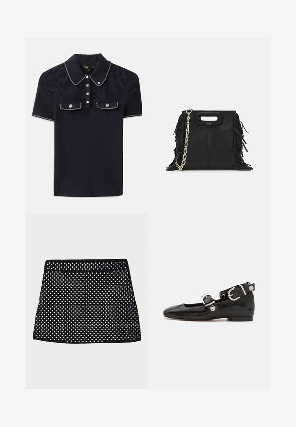 Námornícky pruhovaný polo tričko s špicatým golierom, krátkymi rukávmi a dvoma prednými vreckami so zacvakávacími gombíkmi; zvýraznené bielymi stehovými akcentmi.; Čierna mini sukňa s perforovaným dizajnom ozdobená striebornými nitmi, s hladkým pásom a rovnými okrajmi.; Čierne lakované baleríny so štvorcovou špičkou, remienkom okolo členka so striebornými prvkami a plochou podrážkou. Hladký povrch s minimalistickým dizajnom.; Čierna kožená kabelka s strapcami, zlatým reťazovým ramenným popruhom a vykrojenou rukoväťou. Na prednej strane sa nachádza logo.