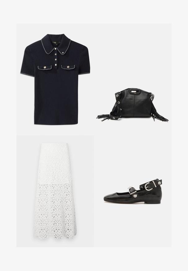 Navyblaues gestreiftes Poloshirt mit spitzem Kragen, kurzen Ärmeln und zwei vorderen Taschen mit Druckknöpfen; hervorgehoben durch weiße Steppnähte.; Maje JOZIMALO - Maxirock - ecru; Schwarze Lackleder-Ballerina mit eckiger Zehenpartie, Knöchelriemen mit silberner Hardware und flacher Sohle. Glatte Textur mit minimalistischen Design.; Maje MISS MINI - Umhängetasche - noir; Goldtonige Ohrringe mit mehreren kaskadierenden Ketten, verziert mit klaren ovalen Strasssteinen und dekorativen Ohrsteckern.