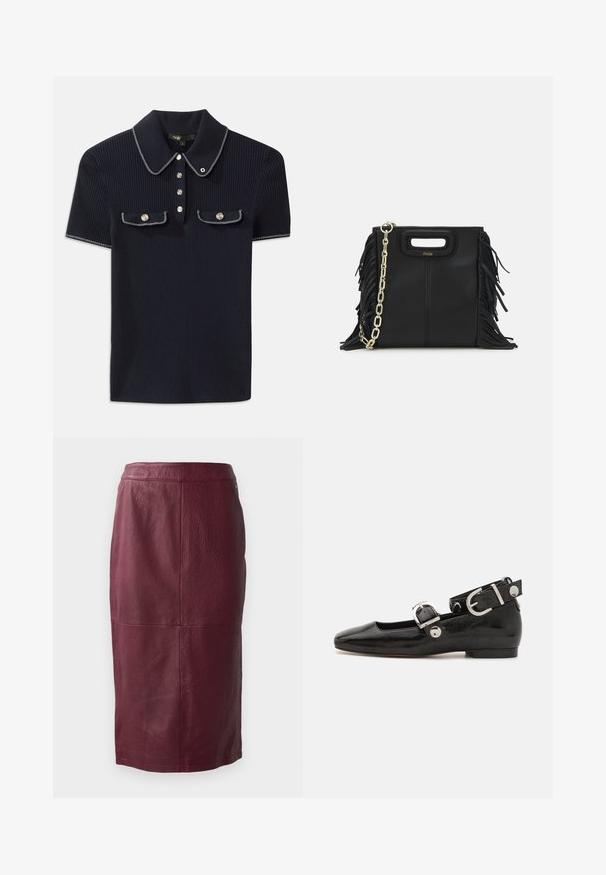 Laadukas tummansininen farkku-paita, jossa on tukeva kaulus, lyhyet hihat ja kaksi etutaskua, joissa on nepparit; valkoiset ompeleet korostavat tyyliä.; Burgundy nahkahame, jossa on sileä pinta, polven pituinen malli ja hienovaraiset ompeluyksityiskohdat. Ei näkyviä kiinnityksiä.; Musta patenttinahkainen tasapohjainen kenkä suoralla varvastyöllä, nilkkahihna hopeisilla yksityiskohdilla ja tasainen pohja. Sileä pinta ja minimalistinen muotoilu.; Musta nahkakäekott, millel on frantsiisidetailid, kuldne õlgade rihm ja lõikega käepide. Ees on logo paigutus.