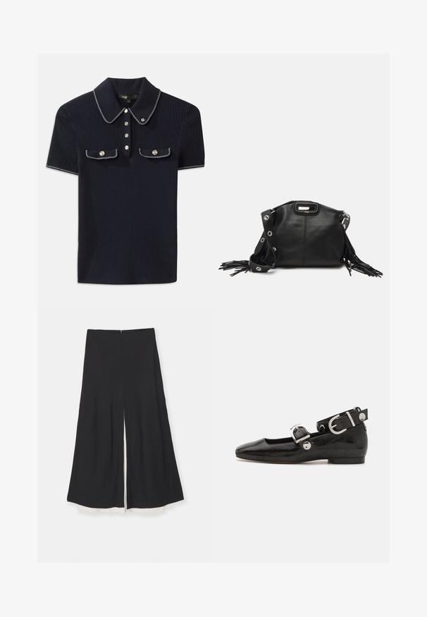 Navyblaues gestreiftes Poloshirt mit spitzem Kragen, kurzen Ärmeln und zwei vorderen Taschen mit Druckknöpfen; hervorgehoben durch weiße Steppnähte.; Schwarze weite Beinhosen mit einem vorderen Schlitz, ausgestattet mit einer glatten Textur und einem kontrastierenden weißen Saum. Mit einem Reißverschluss auf der Rückseite.; Schwarze Lackleder-Ballerina mit eckiger Zehenpartie, Knöchelriemen mit silberner Hardware und flacher Sohle. Glatte Textur mit minimalistischen Design.; Maje MISS MINI - Umhängetasche - noir; Goldtonige Ohrringe mit mehreren kaskadierenden Ketten, verziert mit klaren ovalen Strasssteinen und dekorativen Ohrsteckern.