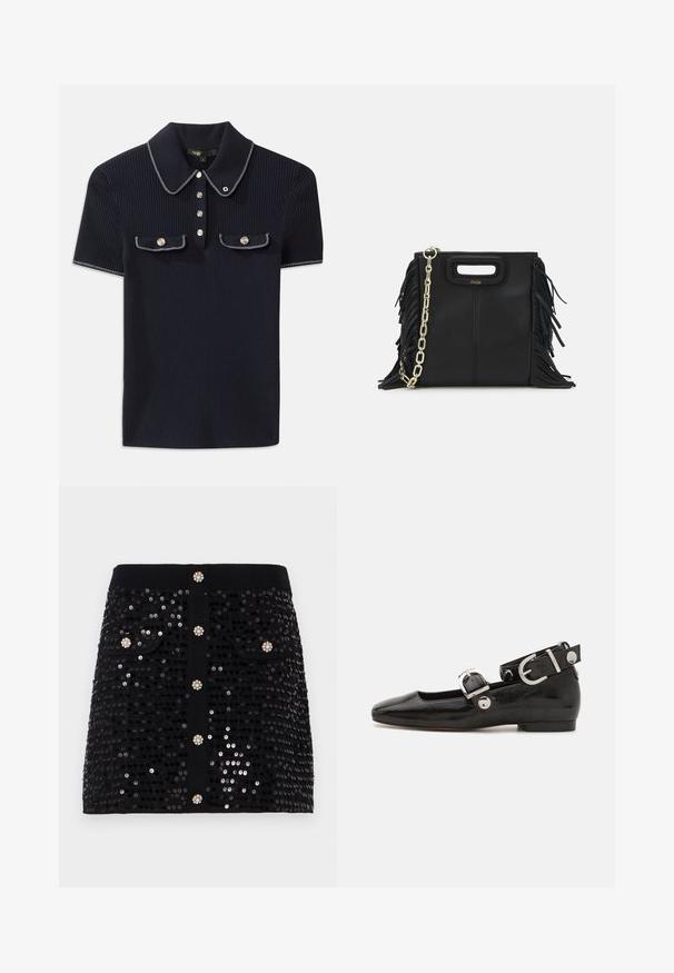 Námornícky pruhovaný polo tričko s špicatým golierom, krátkymi rukávmi a dvoma prednými vreckami so zacvakávacími gombíkmi; zvýraznené bielymi stehovými akcentmi.; Čierna sukňa so saquínami s priliehavým strihom, dvoma prednými vreckami a dekoratívnymi gombíkmi s akcentmi ako drahokamy. Hladká textúra po celej ploche.; Čierne lakované baleríny so štvorcovou špičkou, remienkom okolo členka so striebornými prvkami a plochou podrážkou. Hladký povrch s minimalistickým dizajnom.; Čierna kožená kabelka s strapcami, zlatým reťazovým ramenným popruhom a vykrojenou rukoväťou. Na prednej strane sa nachádza logo.