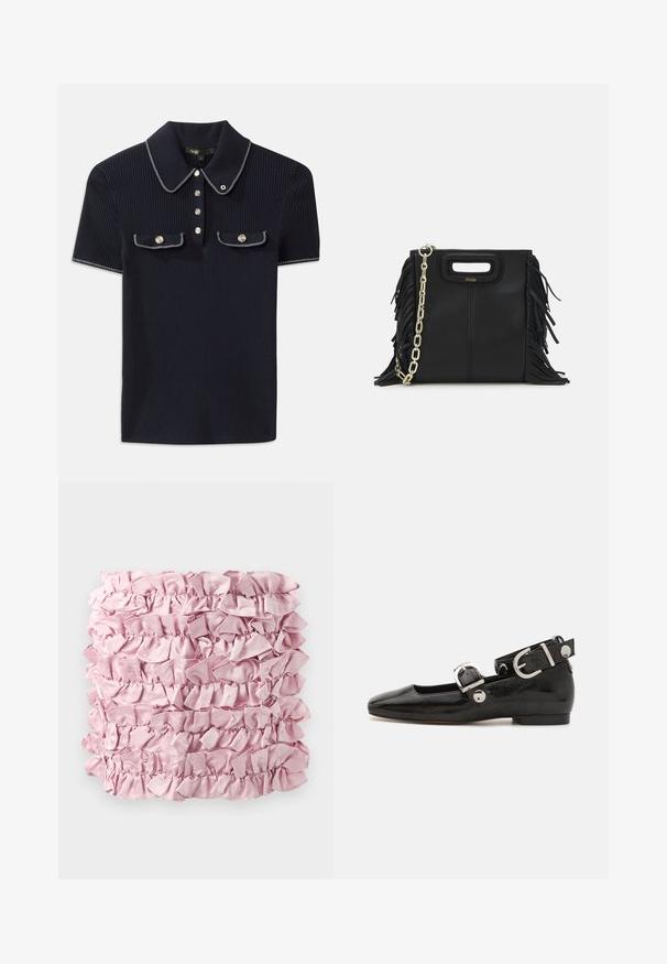 Navyblaues gestreiftes Poloshirt mit spitzem Kragen, kurzen Ärmeln und zwei vorderen Taschen mit Druckknöpfen; hervorgehoben durch weiße Steppnähte.; Rosa Rüschstoff mit mehreren Schichten einer weichen, satinartigen Textur und gerafften Kanten. Rechteckige Form mit reicher, gleichmäßiger Farbe.; Schwarze Lackleder-Ballerina mit eckiger Zehenpartie, Knöchelriemen mit silberner Hardware und flacher Sohle. Glatte Textur mit minimalistischen Design.; Schwarze Lederhandtasche mit Fransen-Details, goldener Ketten-Schulterriemen und einem ausgeschnittenen Griff. Mit Logoplatzierung auf der Vorderseite.