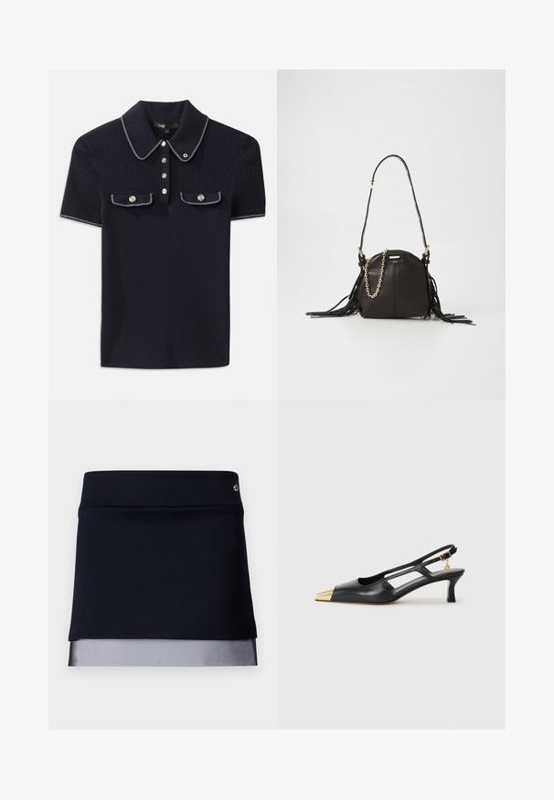 Marinblå ribbad polo-shirt med spetsig krage, korta ärmar och två framfickor med knappslut; framhävd med vita sömdekorationer.; Svart kjol med en figursydd midja och en genomskinlig nätkant nedtill. Tyget är mjukt med en strukturerad design och har en liten metallaccent.; Svart läderslingback-sko med spetsig tå och gyllene metallhätta. Har utskärningsdesign och en smal klack med justerbart rem.; Svart läderhandväska med rundad form, som har fransdetaljer, en lång axelrem och ett guldkedjedetalj.