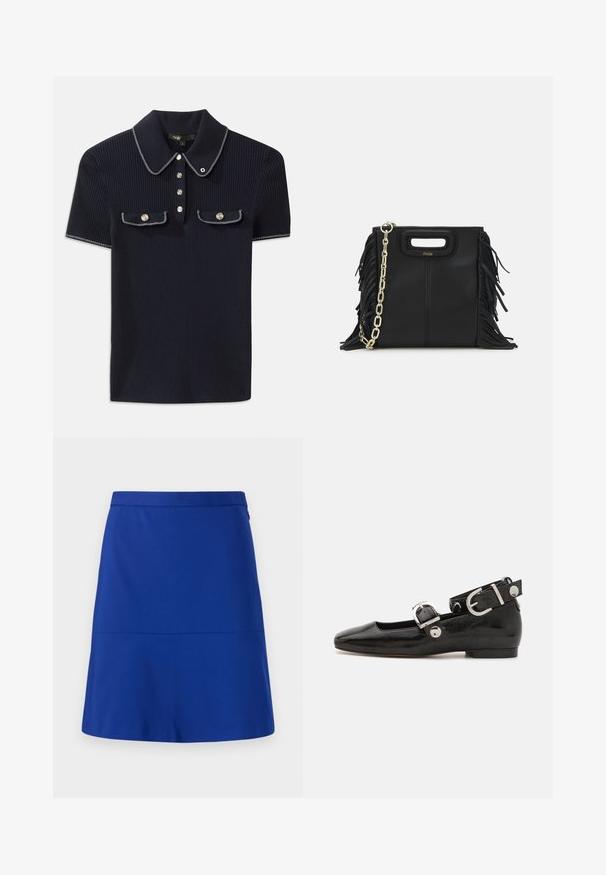 Jūros mėlynos spalvos šonkaityta polo marškinėliai su smailiu apykakle, trumpomis rankovėmis ir dviem priekinėmis kišenėmis su šonu užsegamais mygtukais; išryškinti baltais siūlų akcentais.; Mėlyna sijonas, pagamintas iš lygaus audinio, turintis aiškiai apibrėžtą juosmenį ir paprastą, išplatėjančią formą be dekoracijų ar raštų.; Juodas lakinės odos plokščias batelis su kvadratiniu pirštu, kulkšnies dirželiu su sidabro detalėmis ir plokščiu padu. Sklandus paviršius su minimalistišku dizainu.; Juodas odinis rankų darbo rankinys su frinzuotomis detalėmis, auksine grandinės petneša ir išpjauto dizaino rankena. Pirmoje pusėje yra logotipo vieta.