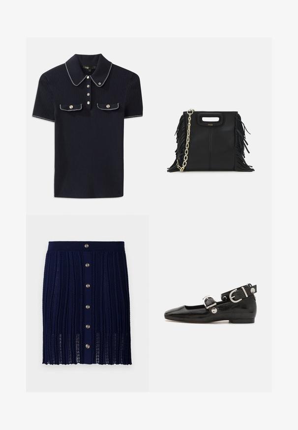 Jūras spēku ribots polo krekls ar norādītu apkakli, īsām piedurknēm un divām priekšējām kabatām ar pogām; uzsvērts ar baltām šuvēm.; Maje JITOURA - Minisvārki - marine; Melnas laika patenta ādas dzīvokļu kurpes ar kvadrātu purngalu, potītes siksna ar sudraba furnitūru un platu zoli. Gluda tekstūra ar minimālu dizainu.; Melna ādas rokassoma ar frizūras detaļām, zelta ķēdes plecu siksnu un izgrieztu rokturi. Ir logotipa novietojums priekšpusē.