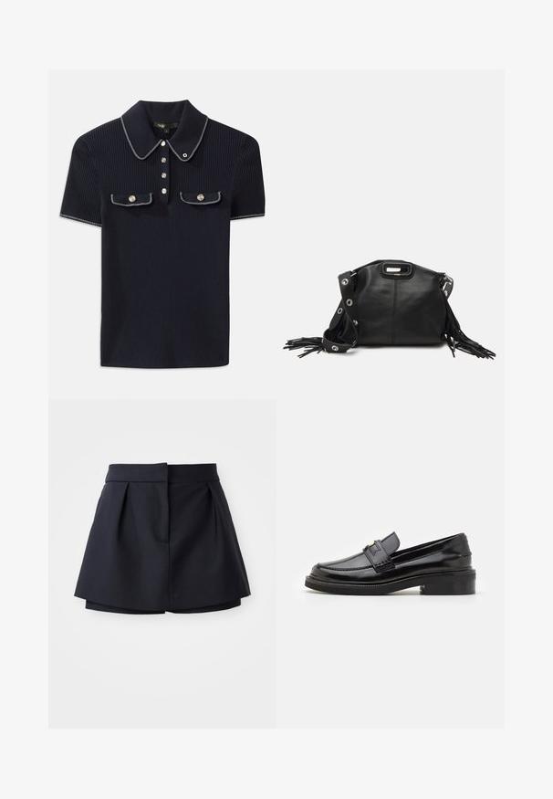 Granatowa polo z prążkowanej tkaniny, z kołnierzykiem w kształcie klapy, krótkimi rękawami i dwoma przednimi kieszeniami zapinanymi na napy; wyróżniająca się białymi przeszyciami.; Granatowe szorty z plisami o wysokim stanie, wykonane z gładkiej tkaniny. Charakteryzują się dopasowanym krojem i ukrytą przednią kieszenią.; Czarne, lakierowane loafersy z gładkim wykończeniem, z przeszyciem z przodu oraz niskim obcasem w kształcie bloku dla wsparcia. Złoty akcent na pasku.; Maje - Torba na ramię