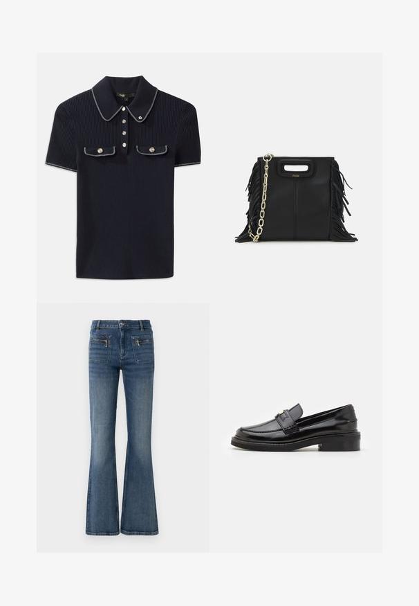 Laadukas tummansininen farkku-paita, jossa on tukeva kaulus, lyhyet hihat ja kaksi etutaskua, joissa on nepparit; valkoiset ompeleet korostavat tyyliä.; Vapaamittaiset siniset farkut, joissa on keskimittainen vyötärö, edessä ja takana taskut sekä hillitty haalistunut pesu.; Musta lakattu nahkakengät, joissa on sileä pinta, ommeltu yksityiskohta edessä ja matala lohko korko tuen tarjoamiseksi. Kultainen yksityiskohta hihnassa.; Musta nahkakäekott, millel on frantsiisidetailid, kuldne õlgade rihm ja lõikega käepide. Ees on logo paigutus.