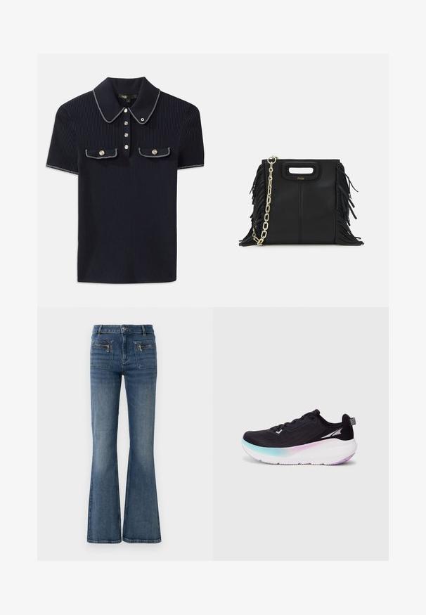 Marineblå ribbestrikket polo skjorte med spiss krage, korte ermer og to frontlommer med trykknapper; fremhevet med hvite søm detaljer.; Blei blå denimbukser med utsvingt ben og middels høy midje, med front- og baklommer og en subtil falmet vask.; Sorte joggesko med lett mesh-overdel, gradient såle som går fra lyseblå til lilla, og reflekterende detaljer.; Svart læderhåndtaske med frynsedetaljer, guldkæde skulderrem og udskåret håndtag. Har logo placeret på forsiden.