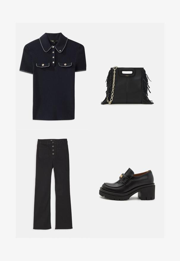 Navyblaues gestreiftes Poloshirt mit spitzem Kragen, kurzen Ärmeln und zwei vorderen Taschen mit Druckknöpfen; hervorgehoben durch weiße Steppnähte.; Schwarze, ausgestellt geschnittene Jeans aus Denim mit hoher Taille, fünf Taschen und einem frontalen Knopfverschluss mit vier Metallknöpfen.; Schwarze Lederloafers haben eine hohe, klobige Plateausohle mit einer strukturierten Sohle. Sie verfügen über ein gesticktes Design und eine golden-farbene Akzentuierung am Riemen.; Schwarze Lederhandtasche mit Fransen-Details, goldener Ketten-Schulterriemen und einem ausgeschnittenen Griff. Mit Logoplatzierung auf der Vorderseite.