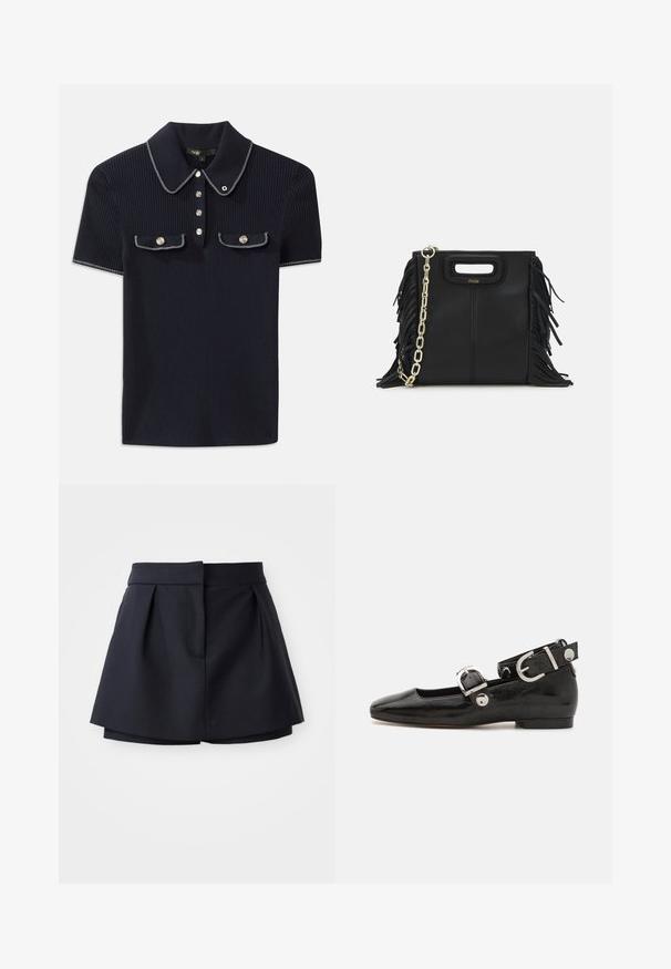 Polo shirt côtelé bleu marine avec un col pointu, des manches courtes et deux poches avant avec des boutons-pression ; souligné par des accents de couture blanche.; Shorts plissés bleu marine à taille haute, fabriqués en tissu lisse. Présente un design ajusté et une poche avant cachée.; Ballerine en cuir verni noir avec un bout carré, sangle de cheville avec des détails en métal argenté et semelle plate. Texture lisse avec un design minimaliste.; Sac à main en cuir noir avec des détails en franges, chaîne dorée pour l'épaule et une poignée découpée. Présente le logo sur le devant.