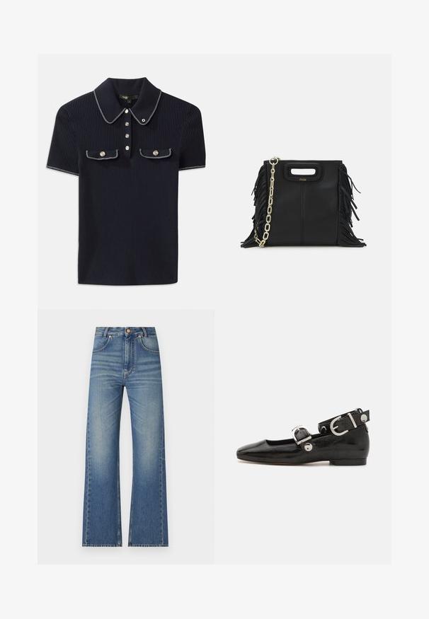 Jūros mėlynos spalvos šonkaityta polo marškinėliai su smailiu apykakle, trumpomis rankovėmis ir dviem priekinėmis kišenėmis su šonu užsegamais mygtukais; išryškinti baltais siūlų akcentais.; Šviesiai mėlynos džinsinės kelnės, su plačiais šonais, aukštu liemeniu, penkių kišenių dizainu ir subtiliu blukimu, suteikiančiu tekstūrinį išvaizdą.; Juodas lakinės odos plokščias batelis su kvadratiniu pirštu, kulkšnies dirželiu su sidabro detalėmis ir plokščiu padu. Sklandus paviršius su minimalistišku dizainu.; Juodas odinis rankų darbo rankinys su frinzuotomis detalėmis, auksine grandinės petneša ir išpjauto dizaino rankena. Pirmoje pusėje yra logotipo vieta.