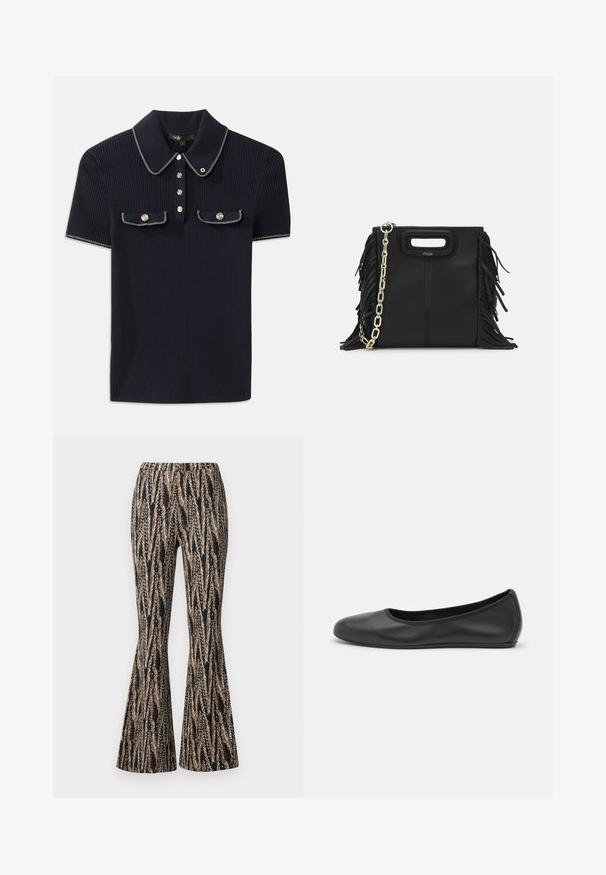 Tumes ribade polo-särk, millel on terav krae, lühikesed varrukad ja kaks esist taskut klõpsnuppudega; kaunistatud valgete õmbluse aktsentidega.; Diane von Furstenberg BURANO PANTS - Püksid - black; Musthave mustika tantsutossud mustast nahast, ümmarguse varbaga, siledast tekstuurist, minimaalse õmblusdetailiga ja paindliku tallakujundusega.; Musta nahk käekott, millel on frantsiisid, kuldne ahelsanga ja lõigatud käepide. Esiosas on logot.