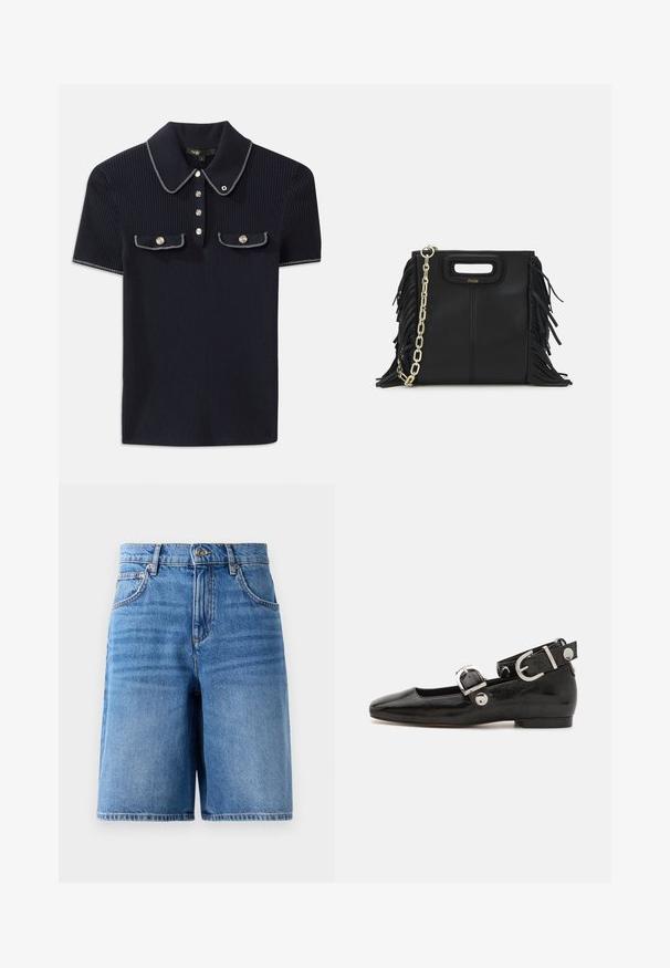 Mornarska polo majica s rebrastim uzorkom, koja sadrži uspravni ovratnik, kratke rukave i dva prednja džepa s dugmadi na pritisak; istaknuta bijelim šavovima.; Denim šortsice svijetloplave boje, s visokim strukom, širokim krojem, pet džepova i šivenim detaljima duž rubova.; Crne lakirane balerinke sa četvrtastim vrhom, remenom oko zapešća sa srebrnim detaljima i ravnim đonom. Glatka tekstura s minimalističkim dizajnom.; Crna kožna torba s resicama, zlatnim lančićem za rame i rukohvatom u obliku izreza. Sadrži logo na prednjoj strani.